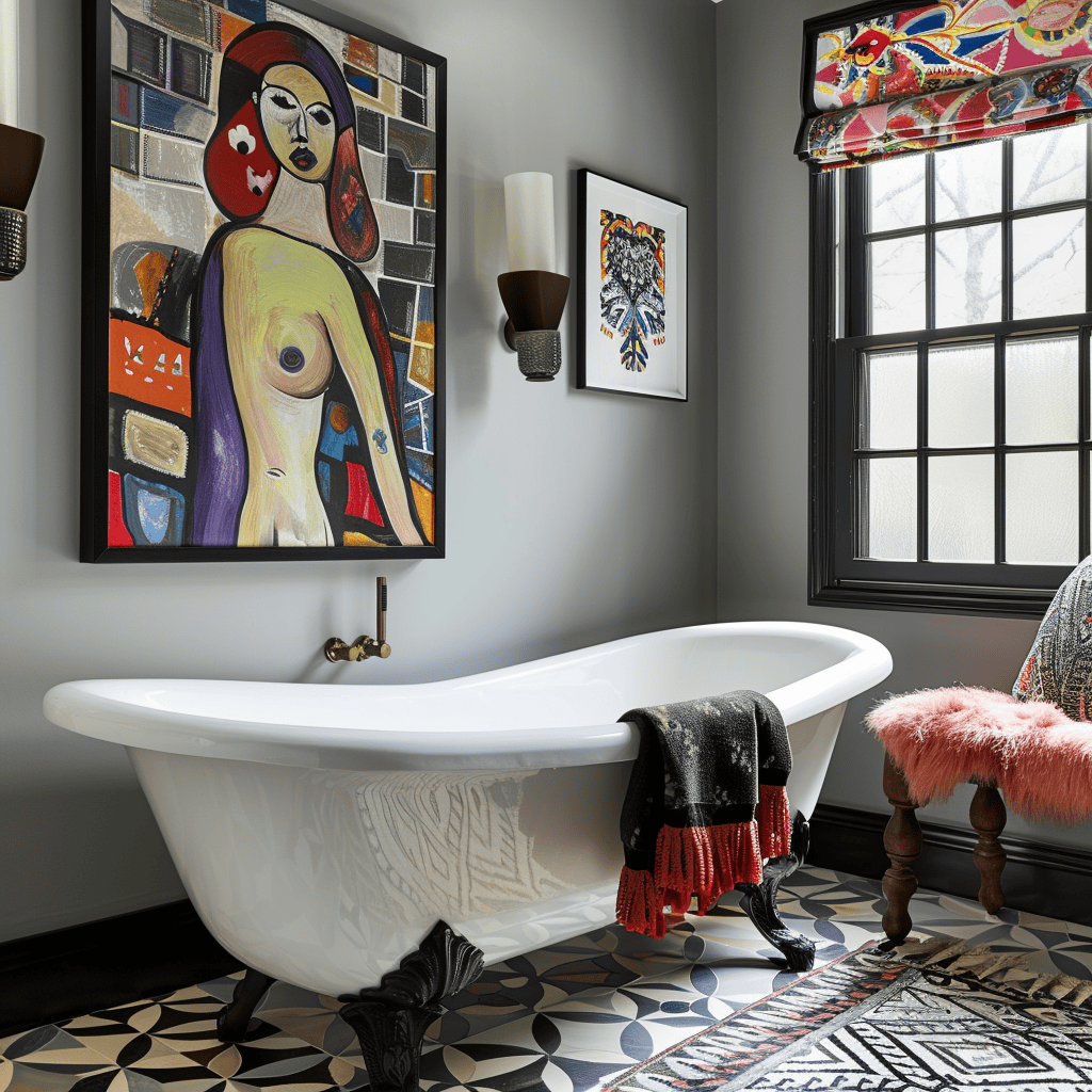 A luxurious bathroom with eclectic artwork, colorful textiles, and unique decor pieces, creating a personalized and inviting atmosphere