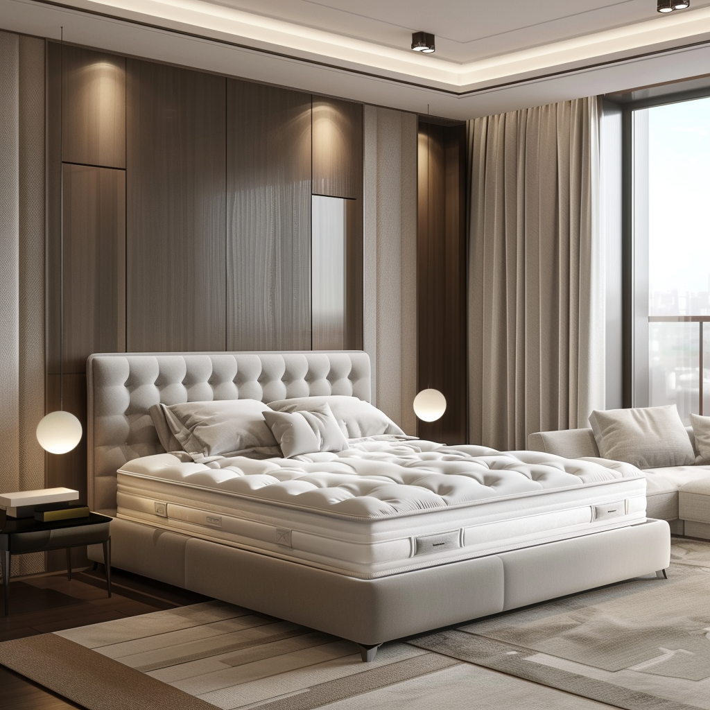 A luxurious modern bedroom showcasing a top-of-the-line mattress with crisp white bedding and sleek, contemporary furniture1