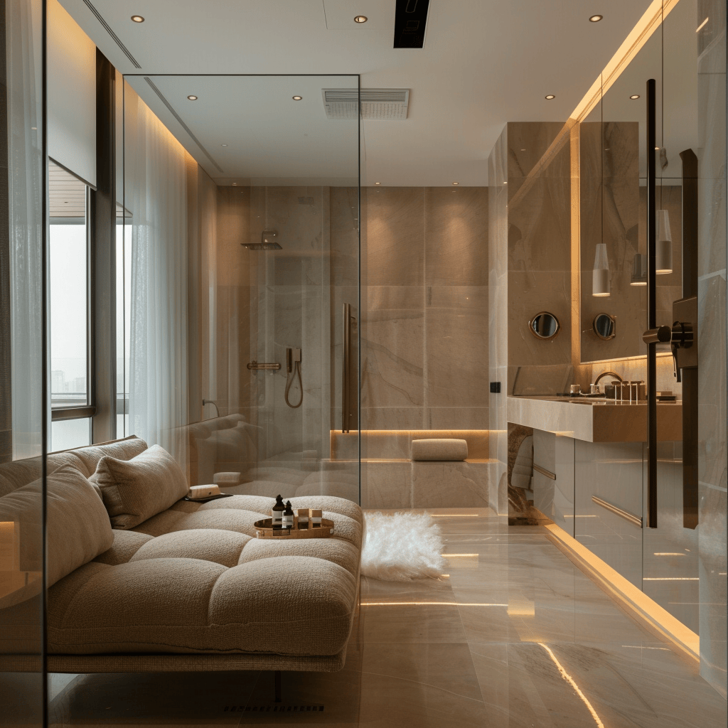 A luxurious, spa-like bathroom with a spacious walk-in shower, a floating vanity, and a plush seating area, modern bathroom