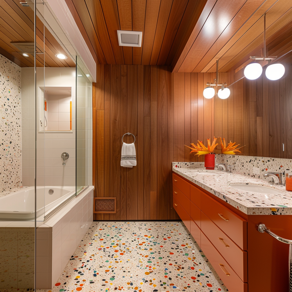 A mid-century modern bathroom featuring a harmonious mix of terrazzo tiles, stainless steel, and warm wood accents, creating a tactile and visually appealing space1