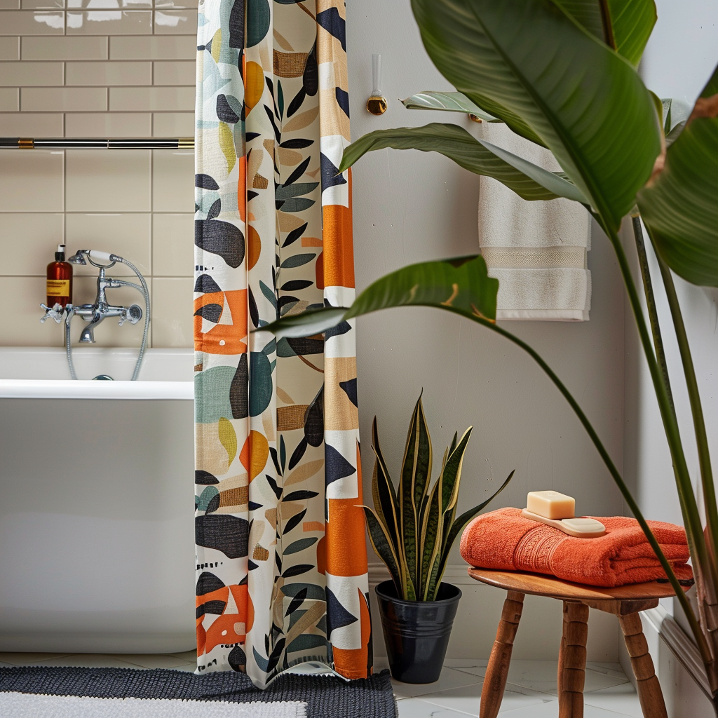 A mid-century modern bathroom featuring geometric patterned towels, retro-inspired shower curtains, and lush potted plants, creating a cohesive and stylish space1
