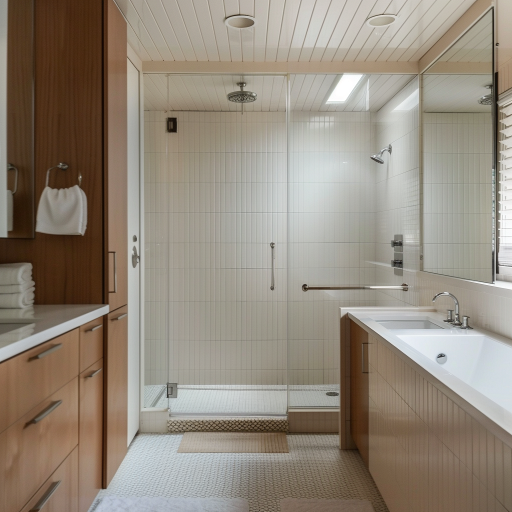 A mid-century modern bathroom featuring minimalist, polished chrome faucets and showerheads that exemplify the era's focus on streamlined, functional design2