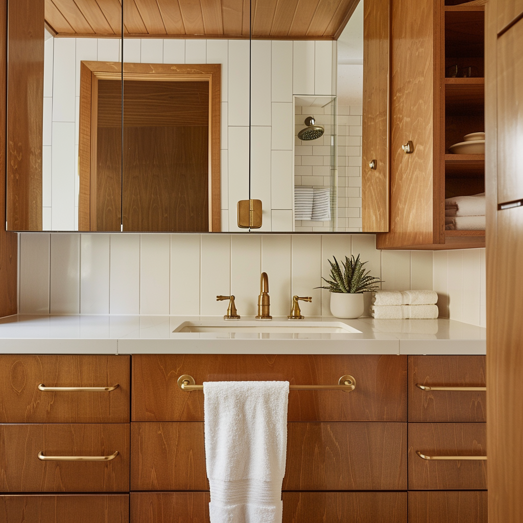 A mid-century modern bathroom featuring seamlessly integrated built-in cabinets and drawers, providing ample storage while maintaining a clean, streamlined appearance2