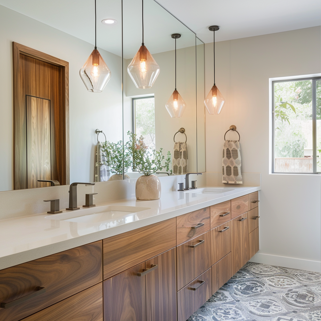 A mid-century modern bathroom featuring simple, geometric pendant lights above the vanity, adding a touch of sophistication and visual interest to the space4