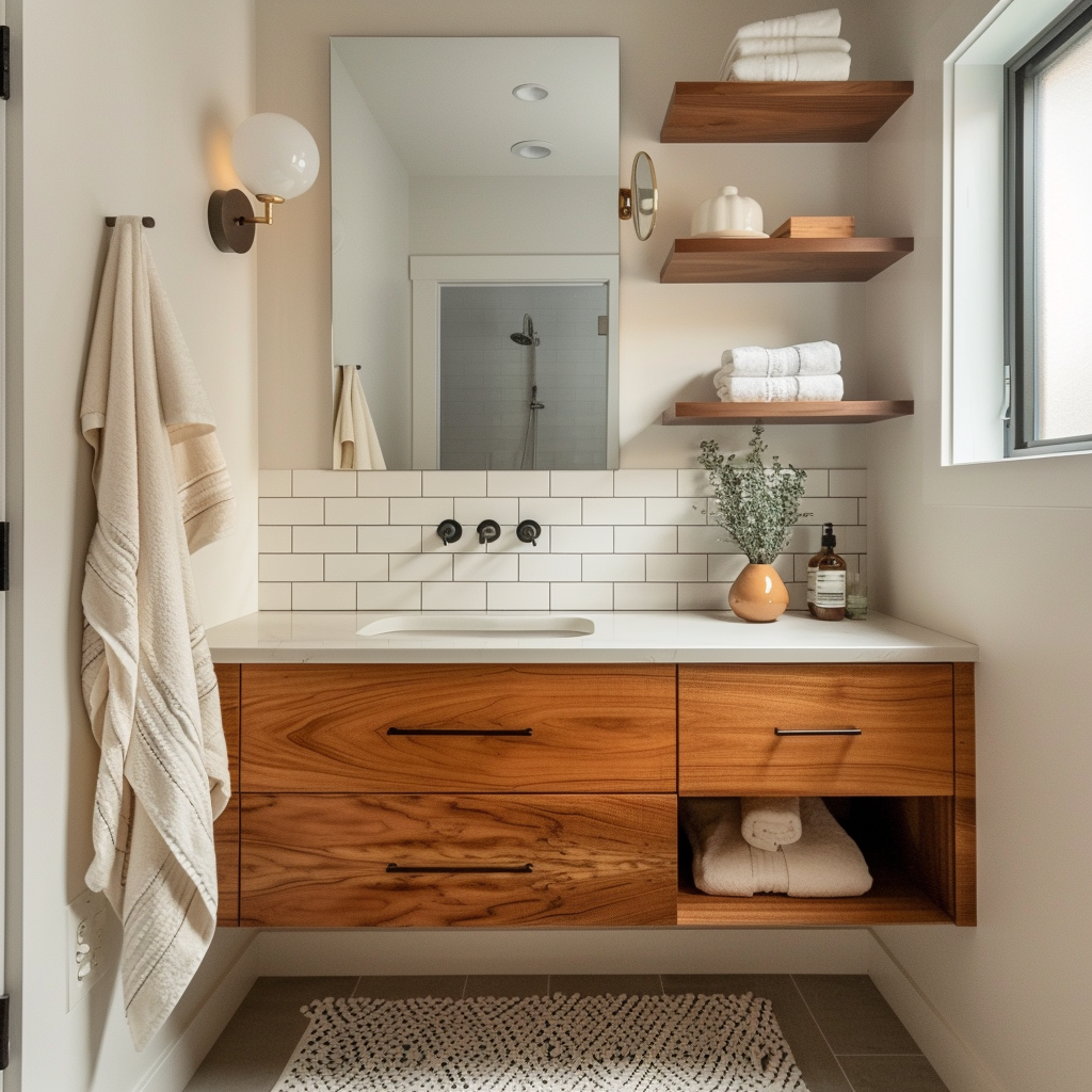 A mid-century modern bathroom with a warm wood floating vanity and open shelves, creating a sense of spaciousness and showcasing the beauty of natural materials1