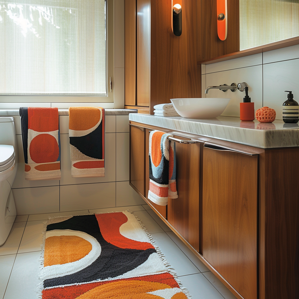 A mid-century modern bathroom with bold geometric print towels and rugs, adding a touch of retro flair and visual interest to the space2