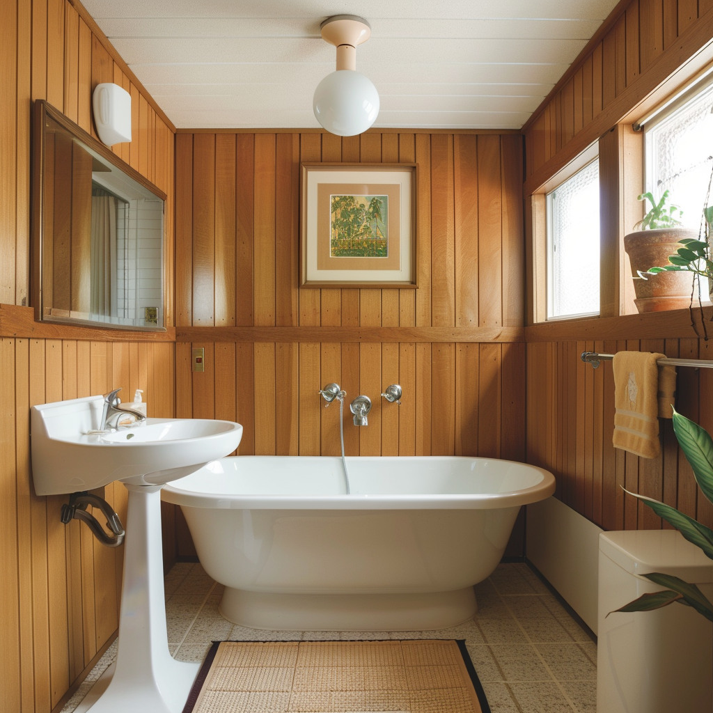 A mid-century modern bathroom with iconic fixtures such as a pedestal sink, freestanding tub, and streamlined faucets, showcasing the era's timeless design elements4