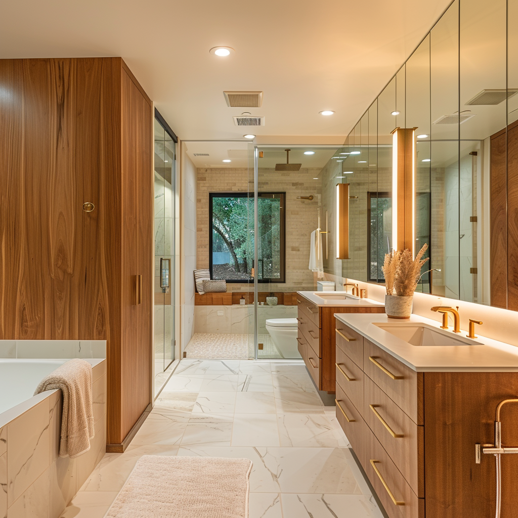 A mid-century modern bathroom with integrated smart technology, such as heated floors and programmable showerheads, enhancing comfort and convenience3