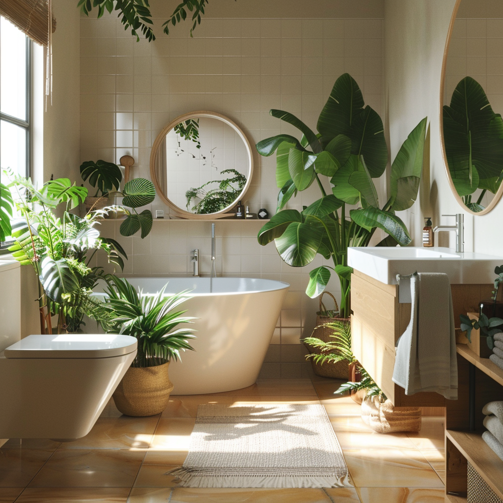 A mid-century modern bathroom with lush potted plants like snake plants, ferns, or philodendrons, bringing a touch of nature and freshness to the space2