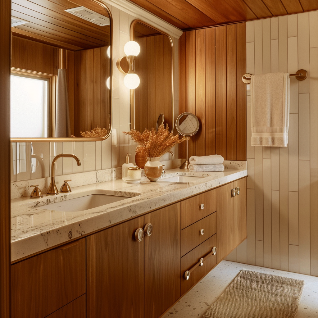 A mid-century modern bathroom with purposeful wall-mounted sconces that provide targeted task lighting around the mirror or vanity, enhancing functionality and style3