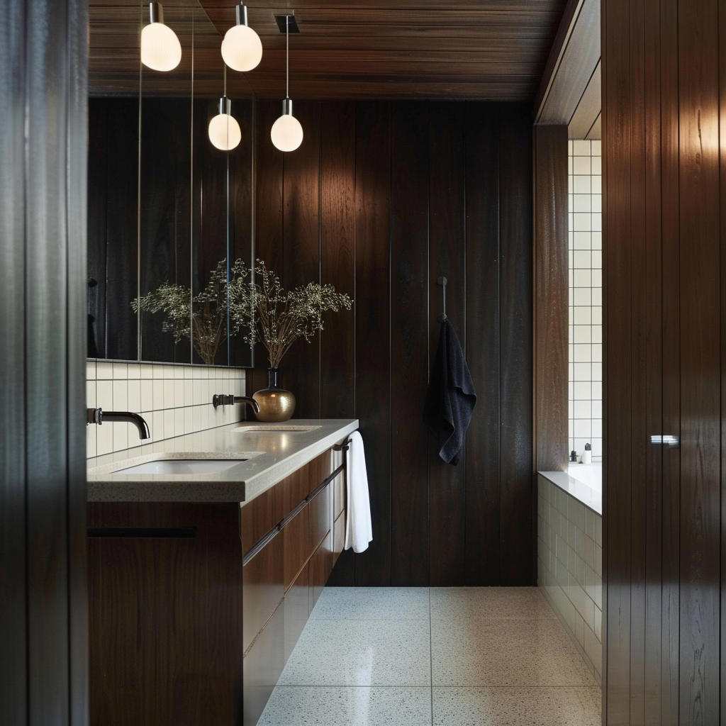 A mid-century modern bathroom with striking pendant lights and minimalist sconces, creating a balanced and visually appealing lighting scheme that sets the mood4