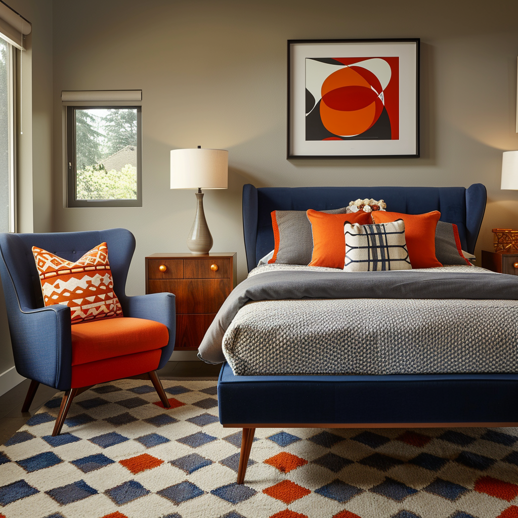 A mid-century modern bedroom featuring complementary color pairs, such as blue and orange, creating a dynamic and engaging contrast4