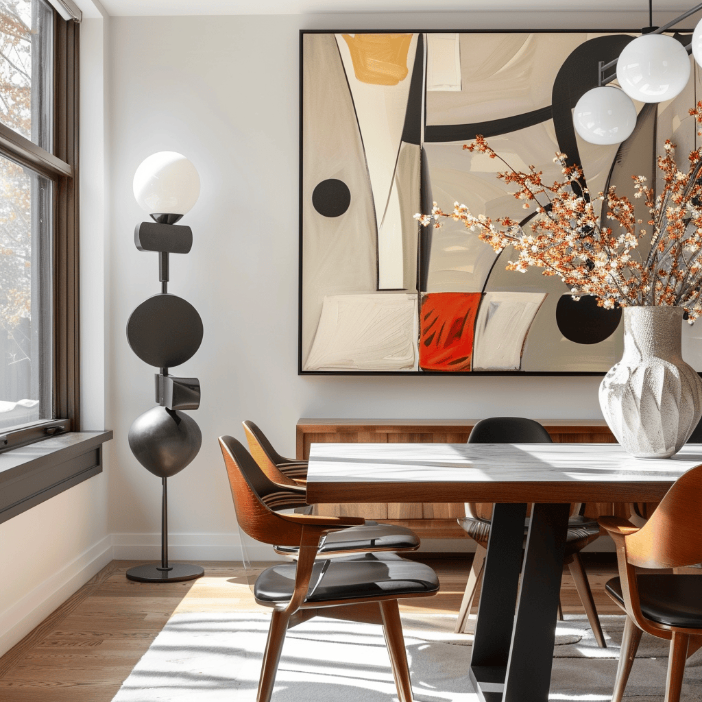 A mid-century modern dining room adorned with abstract expressionist prints and minimalist sculptures, enhancing the walls and adding an artistic touch3