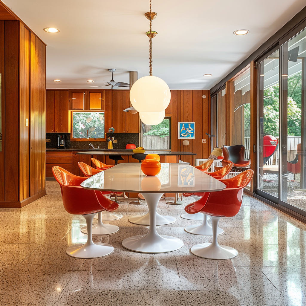 A mid-century modern dining room centered around the iconic Tulip table, a timeless classic that epitomizes the style's elegance and simplicity2