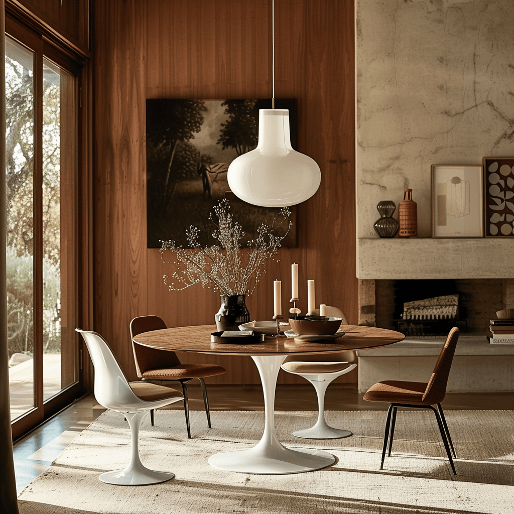 A mid-century modern dining room featuring a classic Tulip table or an expandable dining table as the centerpiece of the space2