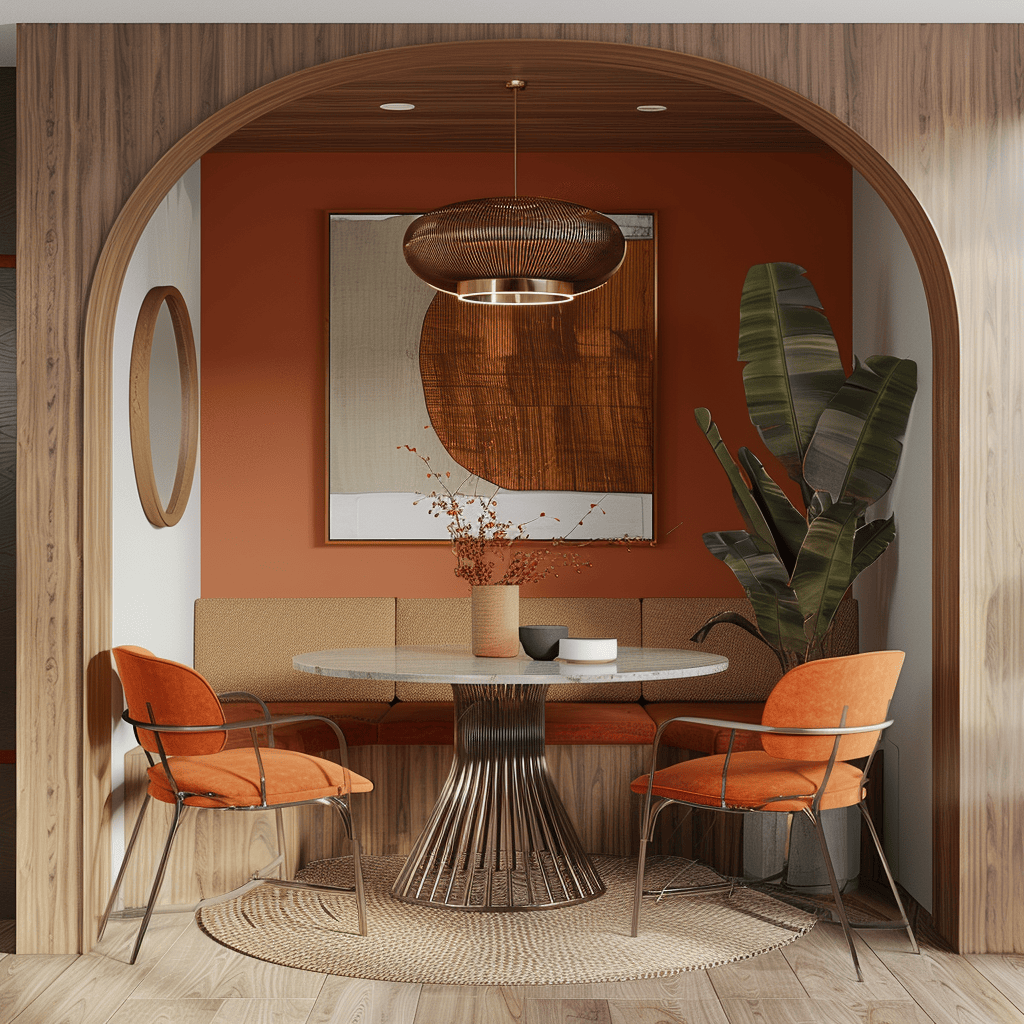 A mid-century modern dining room featuring a harmonious color palette of earthy tones, bold accents, and striking contrasts3