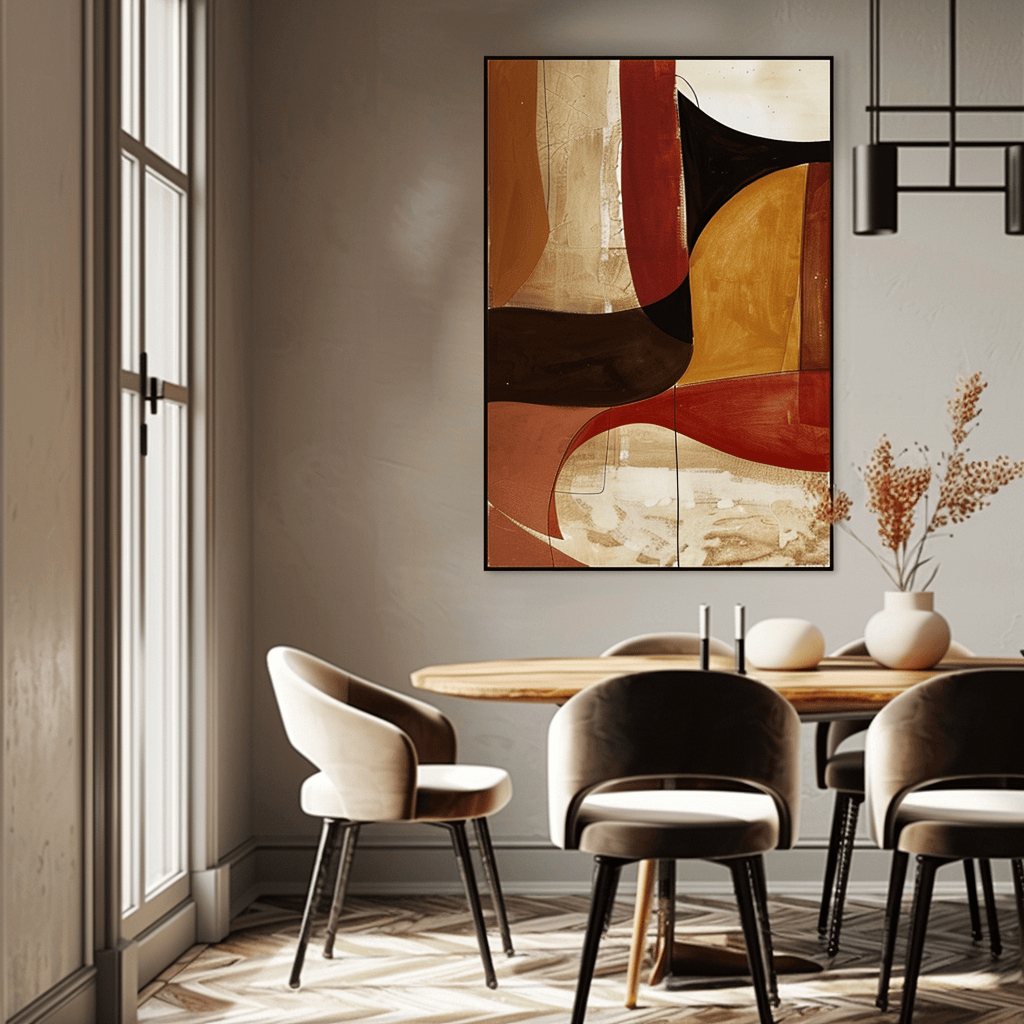 A mid-century modern dining room featuring abstract expressionist and minimalist artwork that complements the style's clean lines and simple forms4