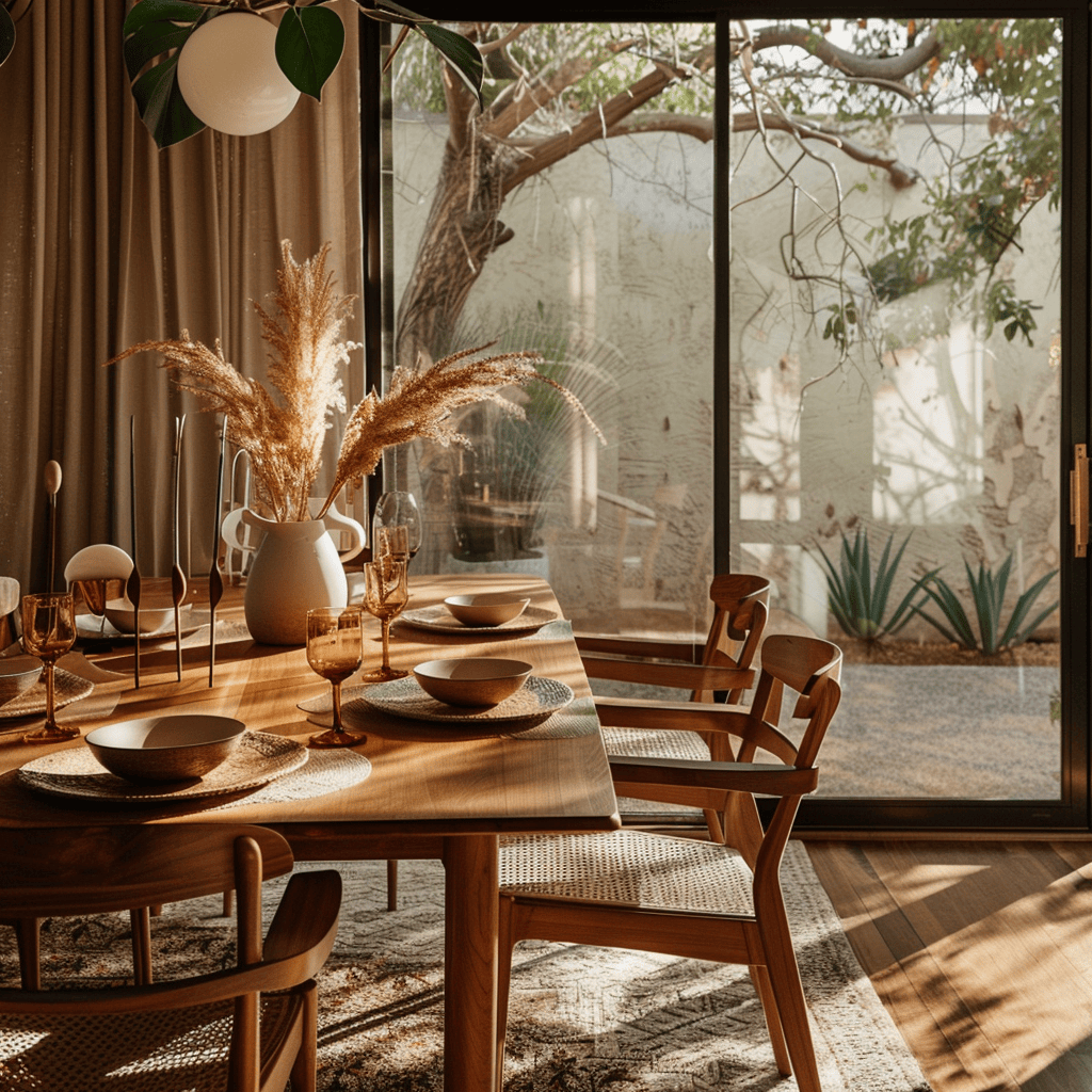 A mid-century modern dining room featuring tableware and centerpieces in organic shapes and earthy materials, harmonizing with the style's natural aesthetic3