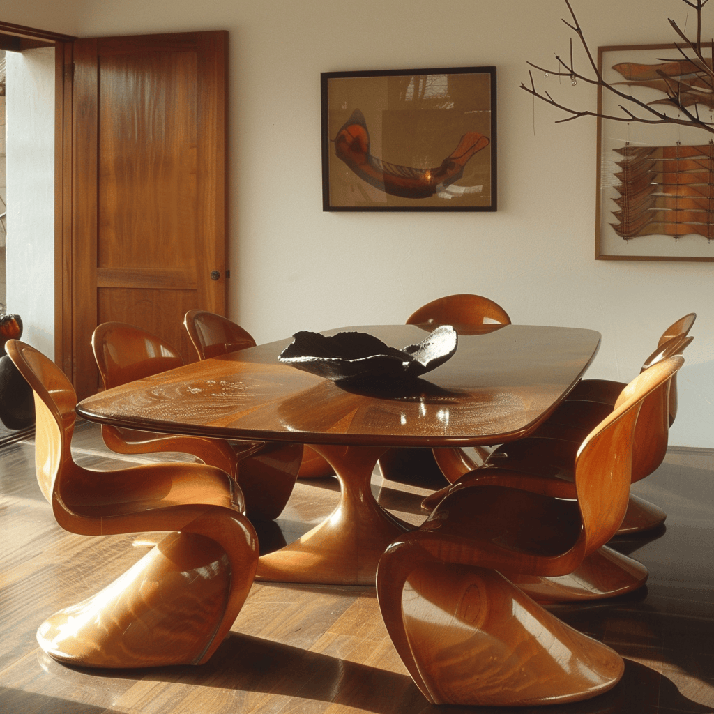 A mid-century modern dining room showcasing iconic furniture pieces, including a sleek table and sculptural chairs, as the focal point of the space2