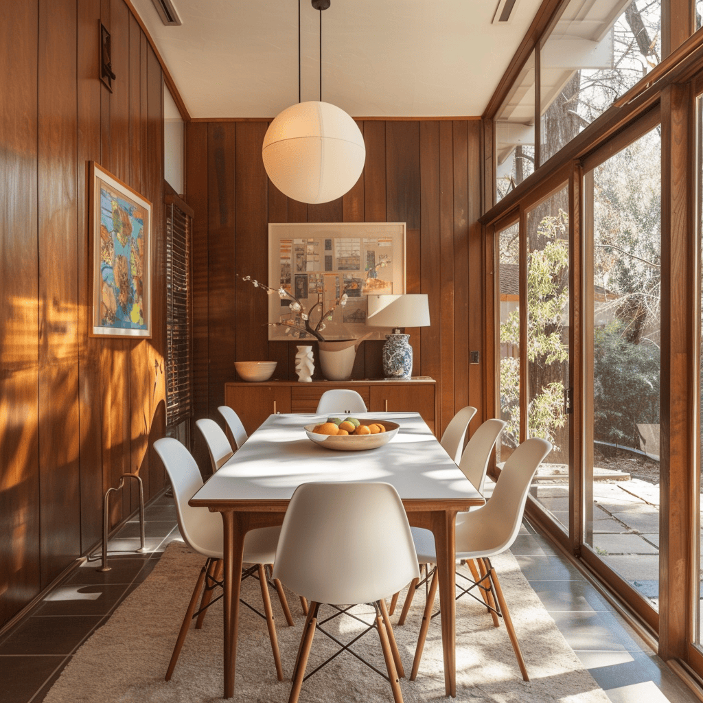 A mid-century modern dining room that combines the influences of Scandinavian and American design, creating a unique and stylish space2