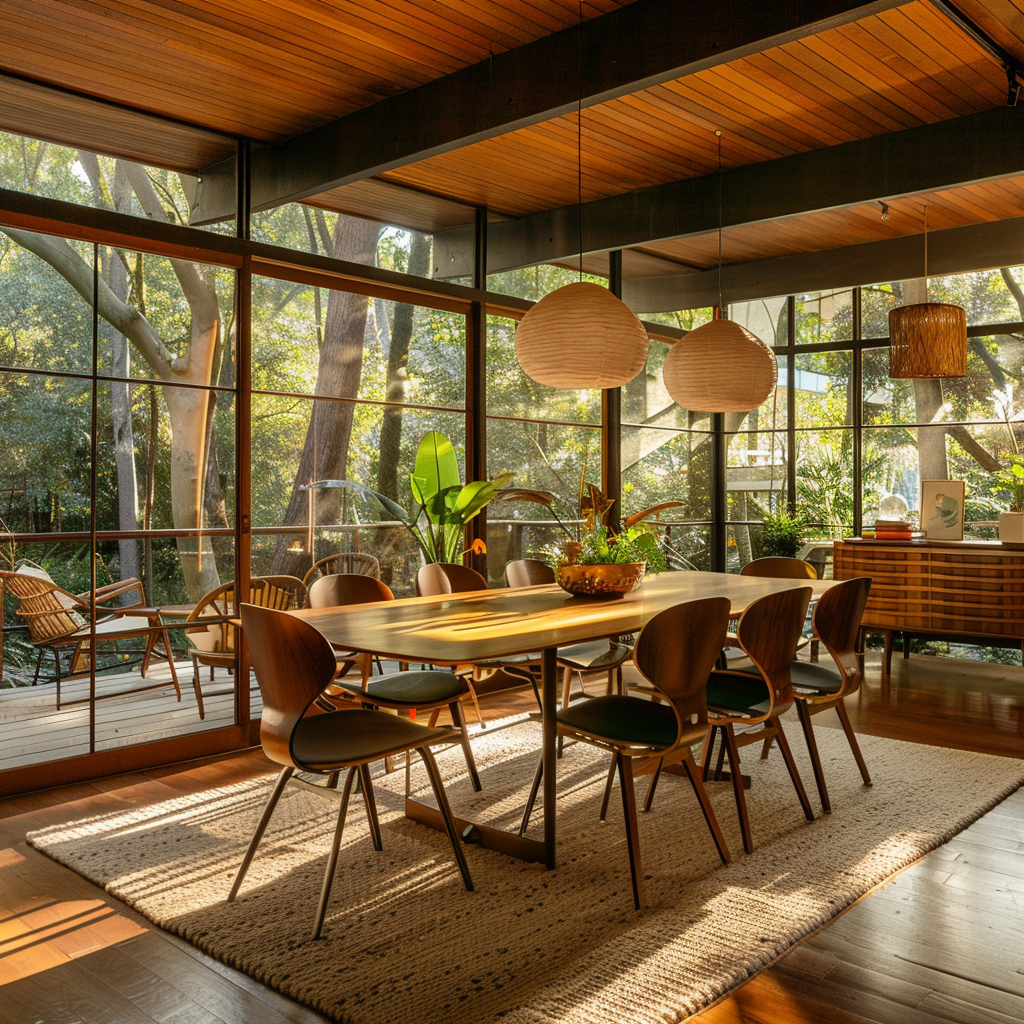 A mid-century modern dining room that connects with the outdoors through large windows or sliding glass doors, blurring the line between inside and out2
