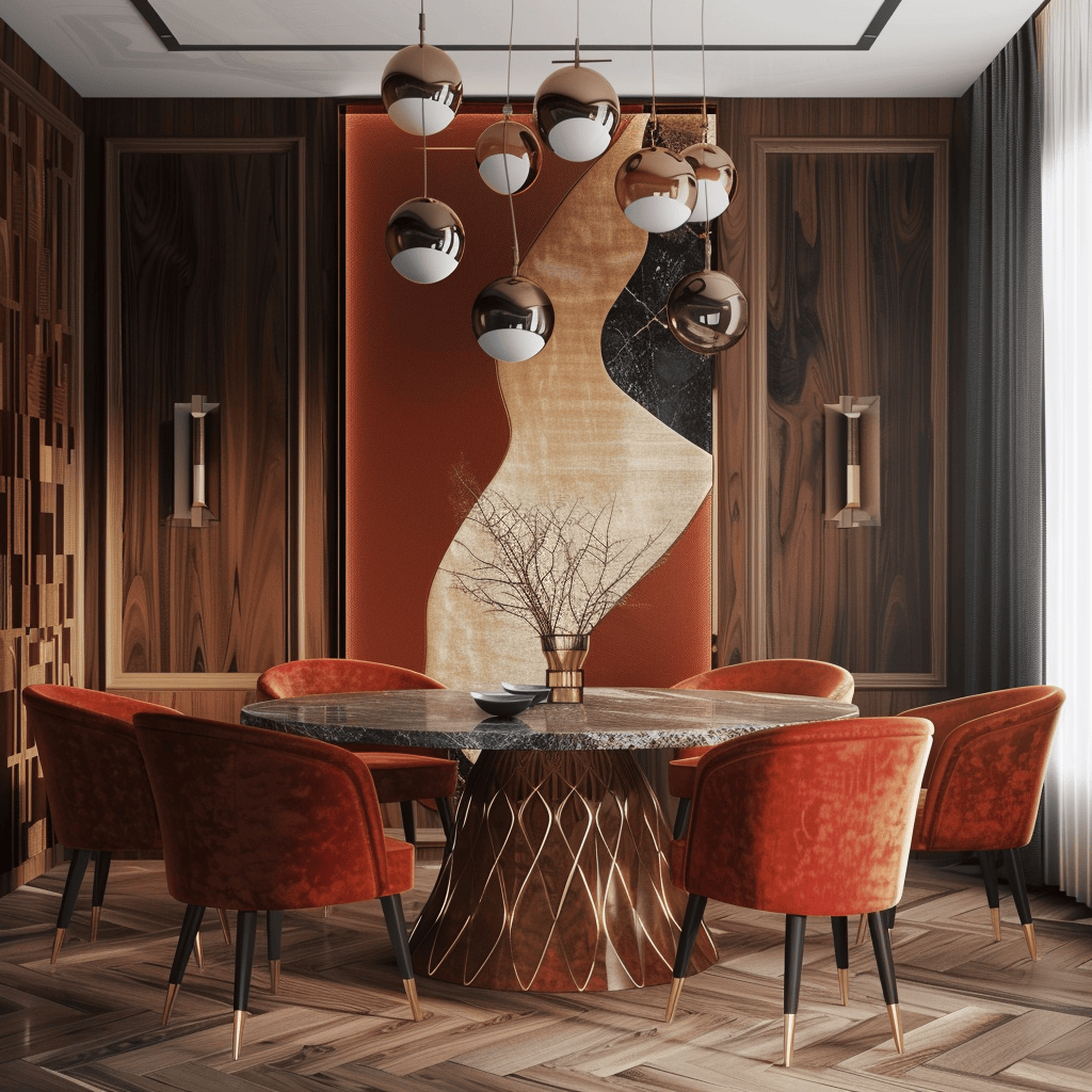 A mid-century modern dining room that demonstrates the power of contrast through the use of different materials, textures, and colors4
