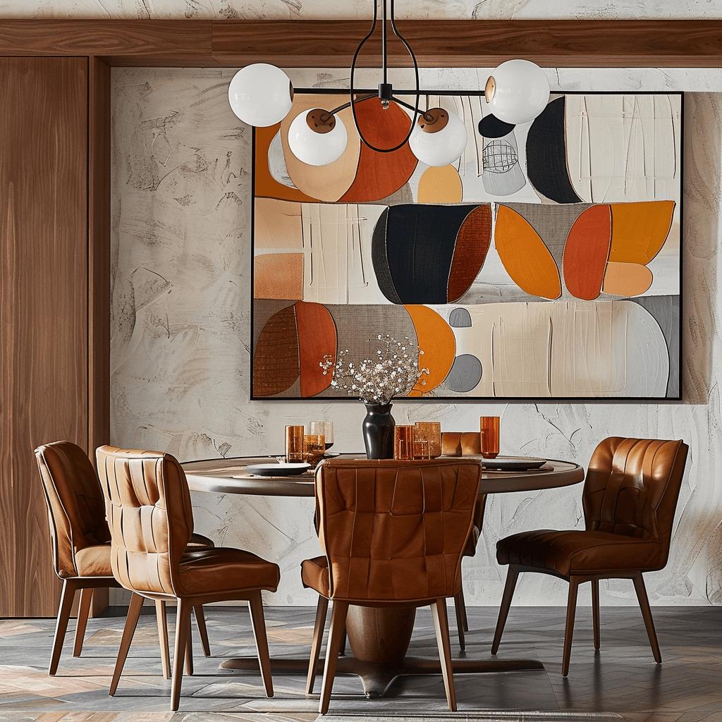 A mid-century modern dining room that incorporates geometric prints, abstract designs, and natural textures in its textiles, adding depth and character to the space4