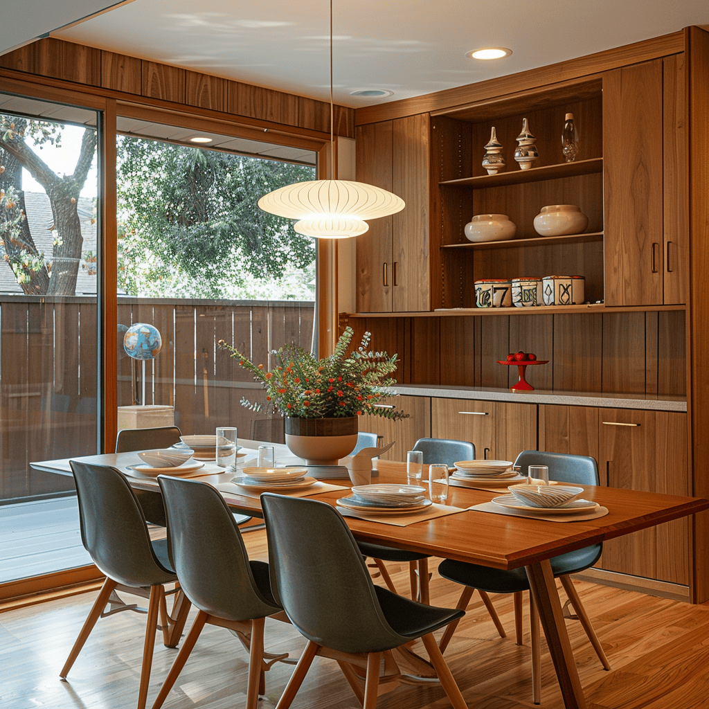 A mid-century modern dining room that incorporates hidden storage solutions and integrated lighting, adding a modern twist to the classic style4