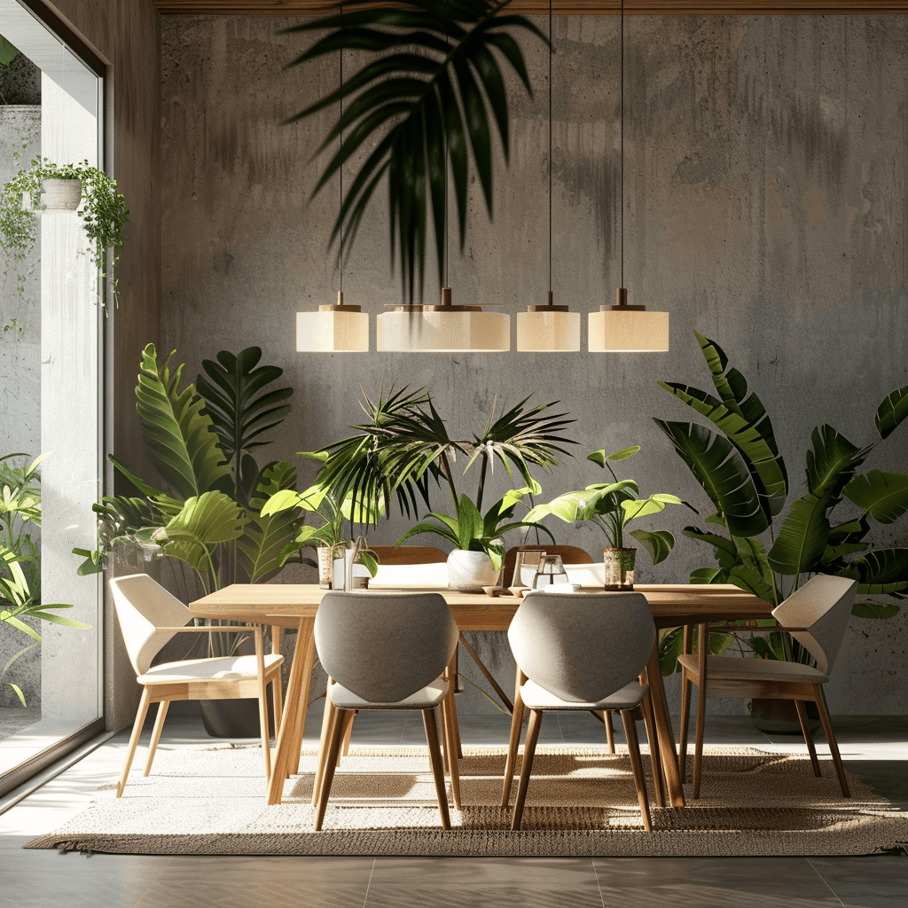 A mid-century modern dining room that incorporates plants and natural elements, bringing a fresh and lively atmosphere to the space1