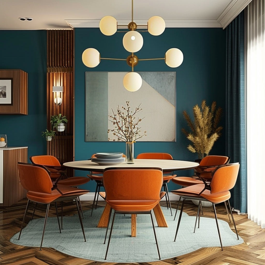 A mid-century modern dining room that perfectly balances bold accent colors with neutral foundations, creating a harmonious and visually appealing space3