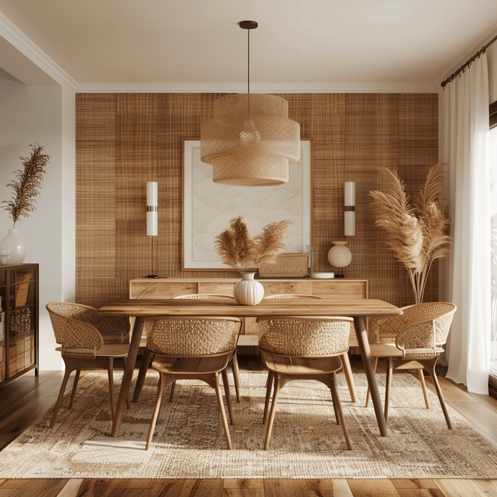 A mid-century modern dining room that showcases natural fibers and textures in its upholstery and décor, adding warmth and visual interest to the space2