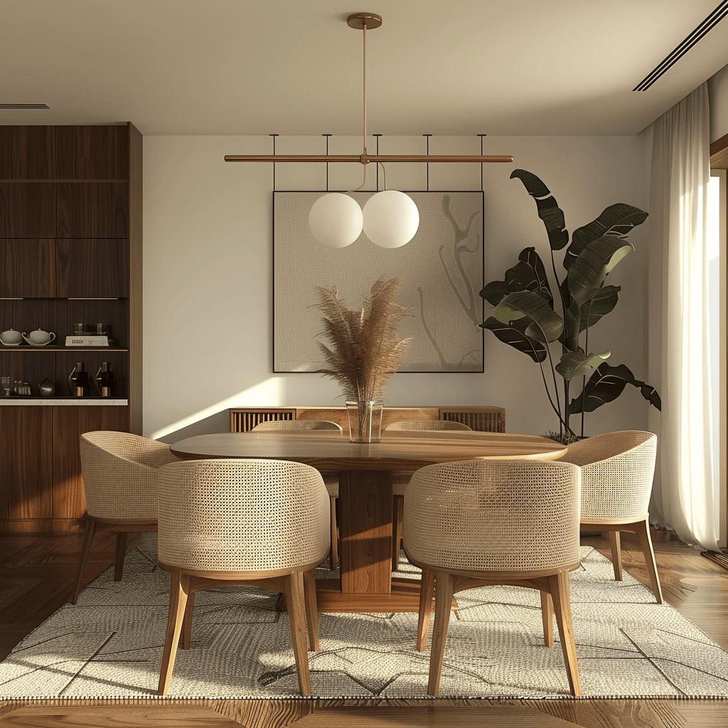 A mid-century modern dining room that showcases the key principles of simplicity, functionality, and elegance through its furnishings and layout2
