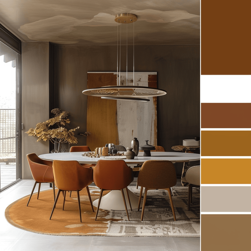 A mid-century modern dining room with a color scheme that combines earthy tones and bold accent colors for a visually appealing and balanced look4