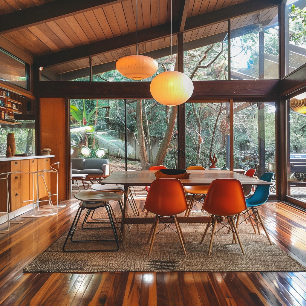 A mid-century modern dining room with a mix of Eames chairs, benches, and stools, creating a diverse and visually interesting seating arrangement1
