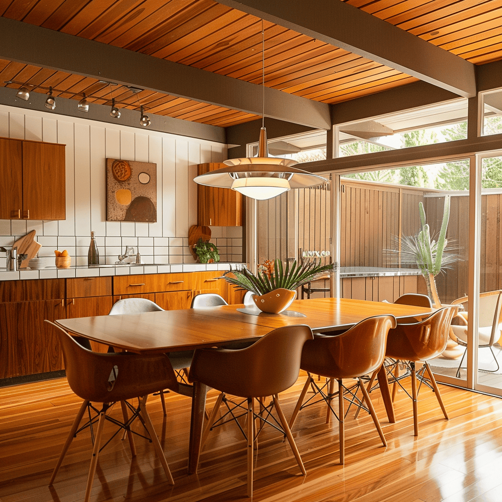 A mid-century modern dining room with an expandable dining table that offers versatility and flexibility for hosting gatherings of various sizes2