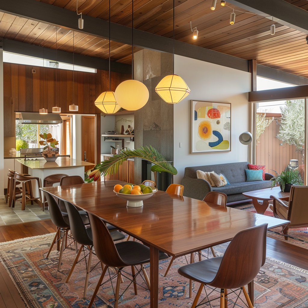 A mid-century modern dining room with an open floor plan that seamlessly integrates with the living space, fostering a sense of unity and flow4