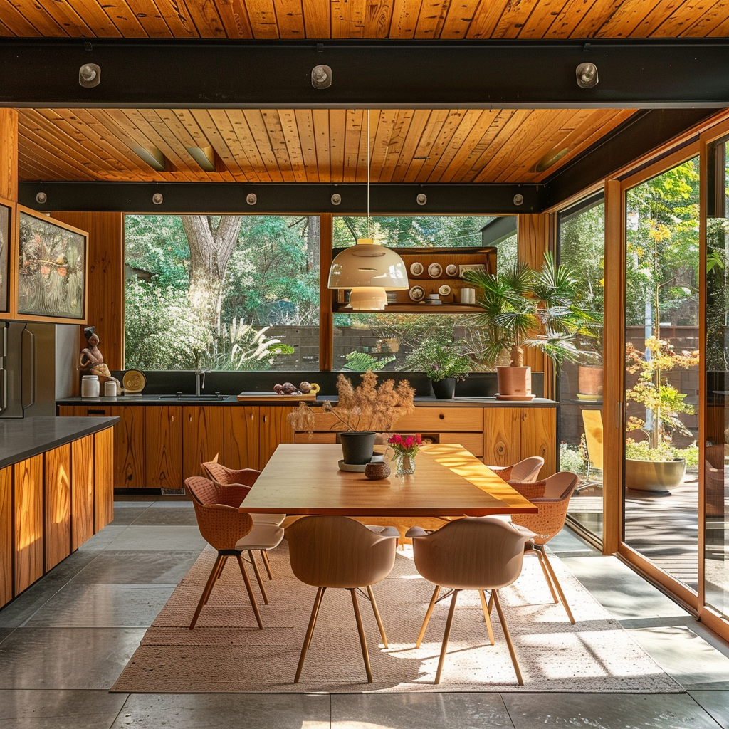 A mid-century modern dining room with an open, flowing layout that seamlessly connects with the outdoors, creating a functional and inviting space3