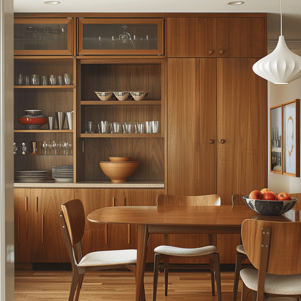 A mid-century modern dining room with clever, hidden storage solutions that maintain a clutter-free appearance and optimize functionality4