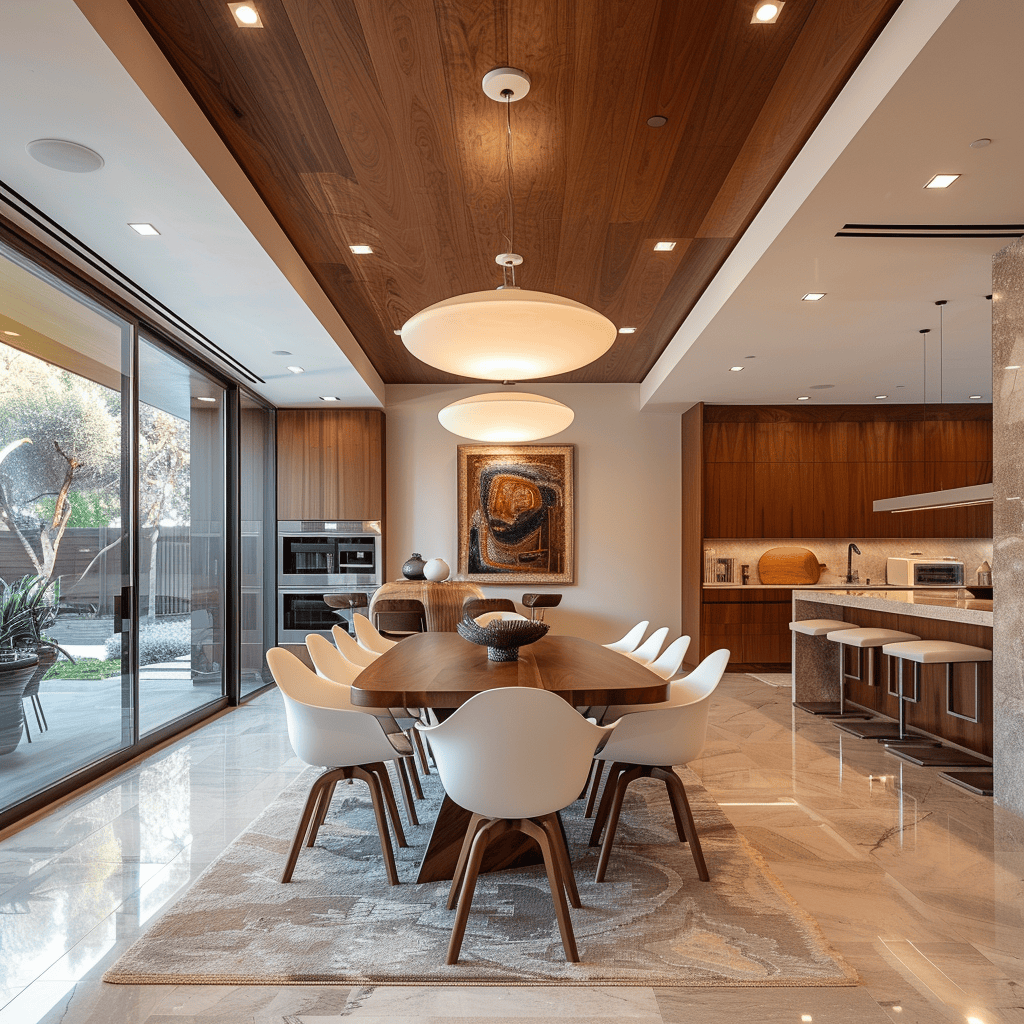 A mid-century modern dining room with integrated lighting and sound systems, bringing a modern and convenient touch to the timeless design2