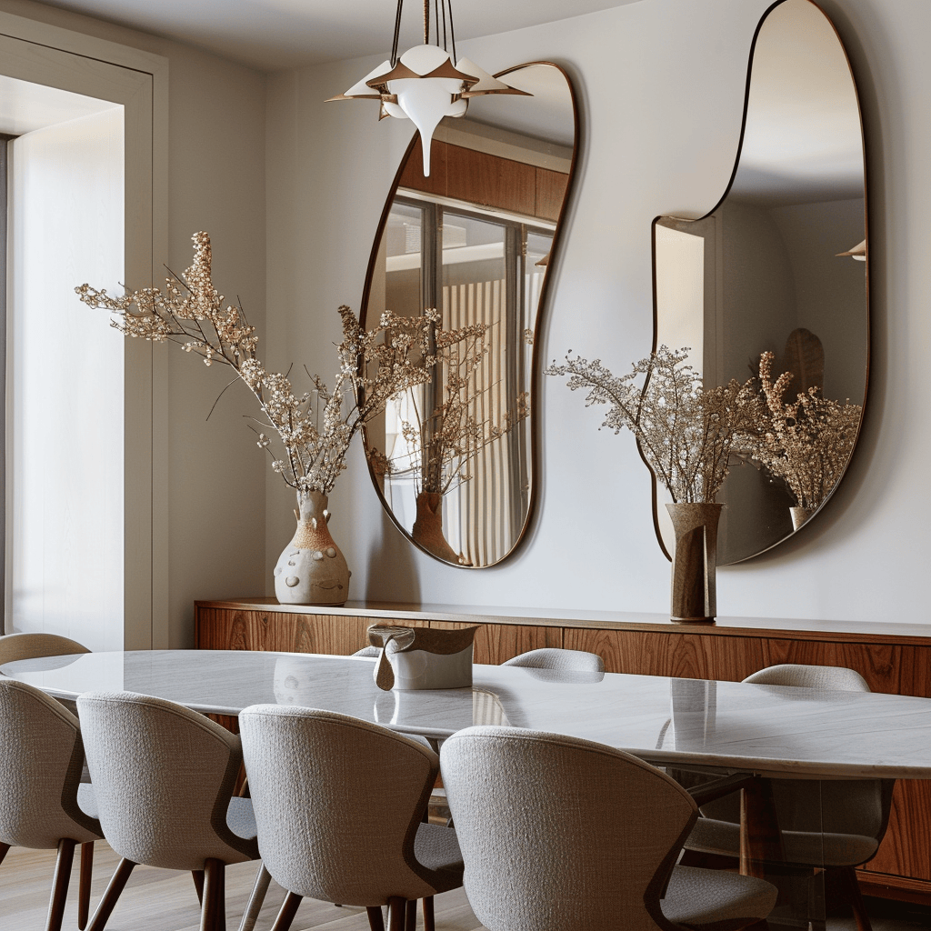 A mid-century modern dining room with mirrors and sculptural elements as wall décor, creating visual interest and reflecting light throughout the space3