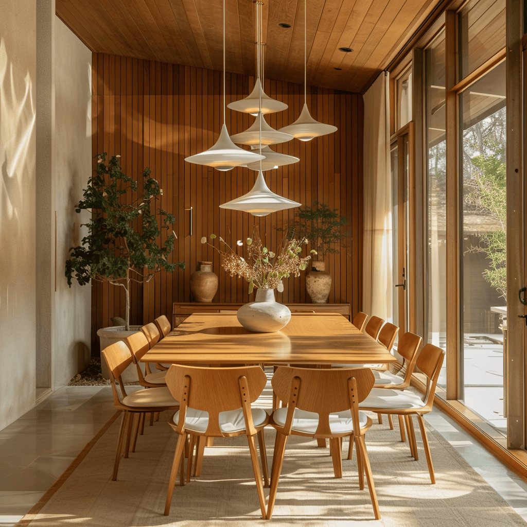A mid-century modern dining room with pendant lights and floor lamps that create a warm and inviting ambiance, perfect for intimate dining experiences4