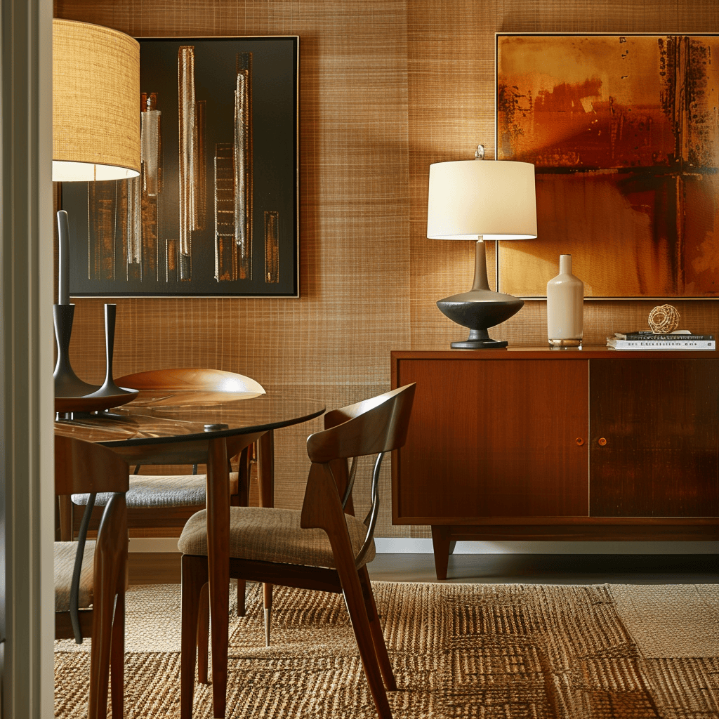 A mid-century modern dining room with strategically placed floor and table lamps that create a warm and inviting ambiance, perfect for intimate gatherings2