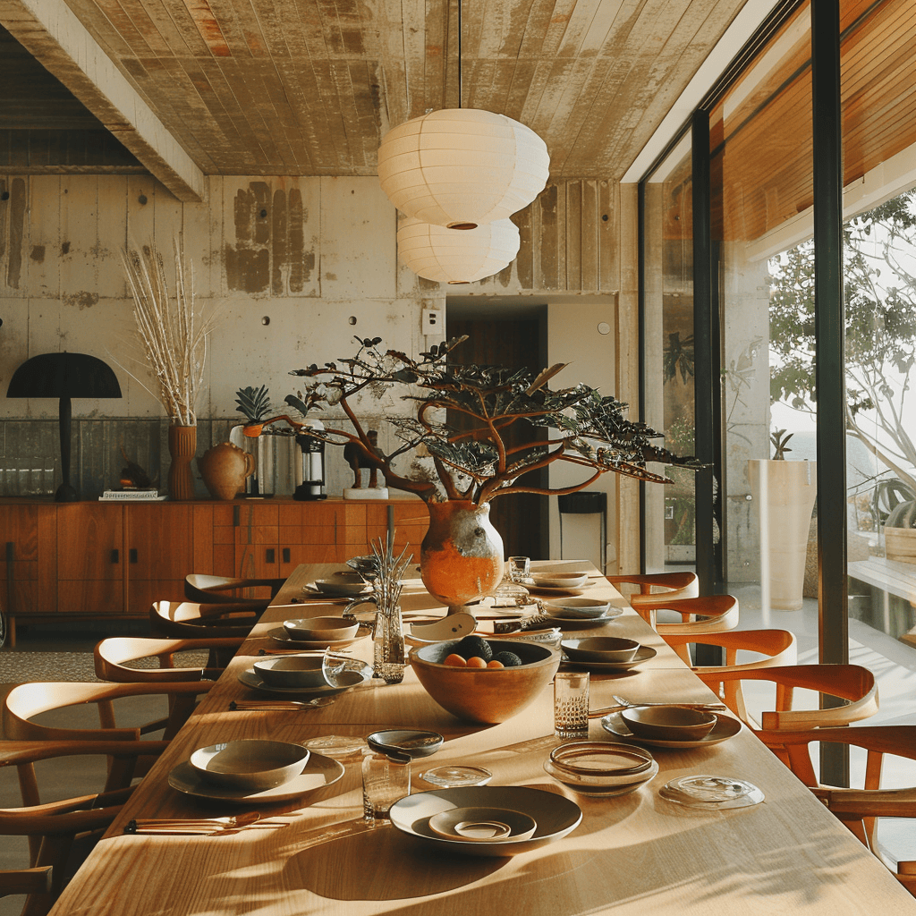 A mid-century modern dining room with tableware and centerpieces in organic shapes and earthy materials, adding a natural touch to the dining experience4