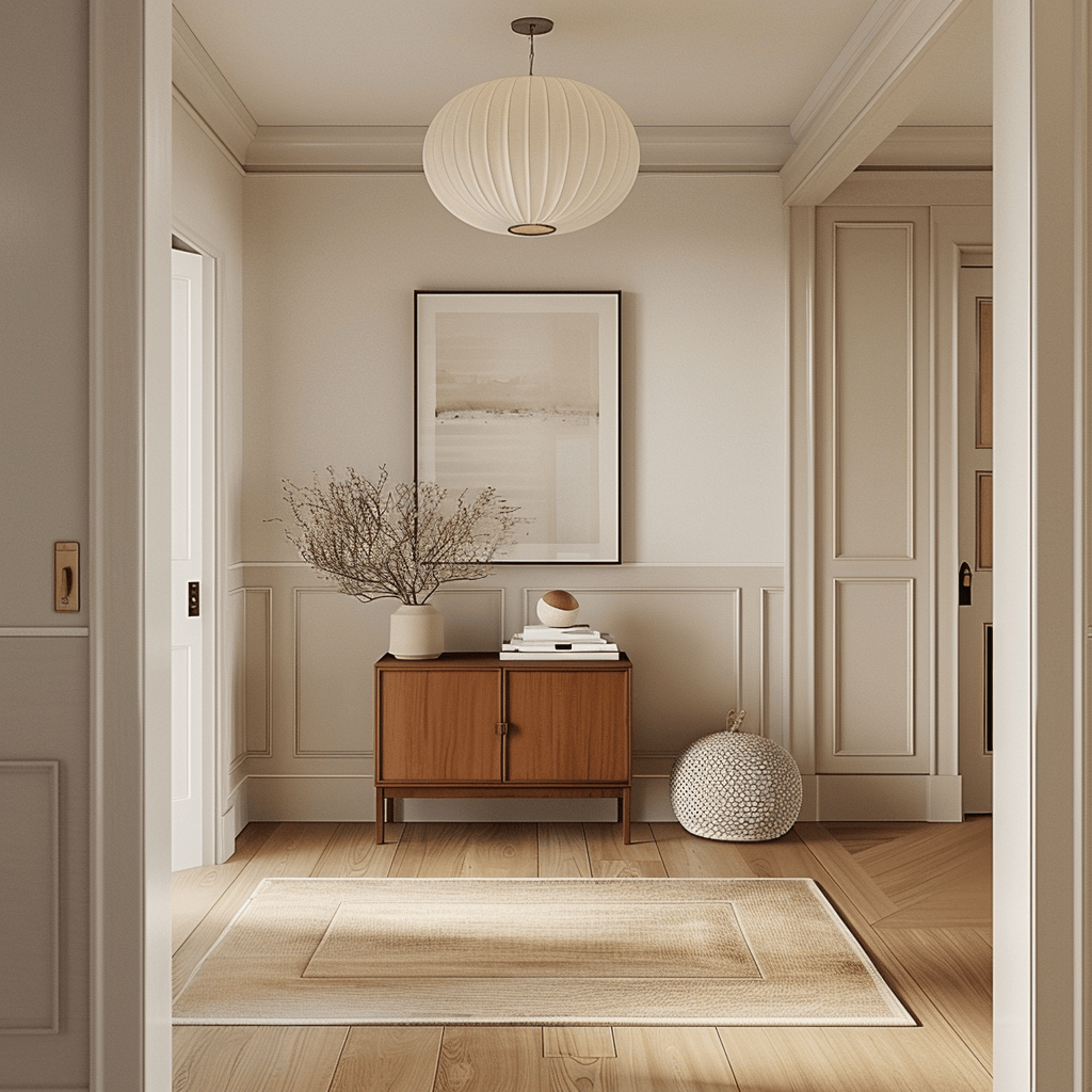 A mid-century modern hallway blending iconic furniture pieces with modern, minimalist accents, such as sleek metal hardware or a contemporary, monochromatic color palette1