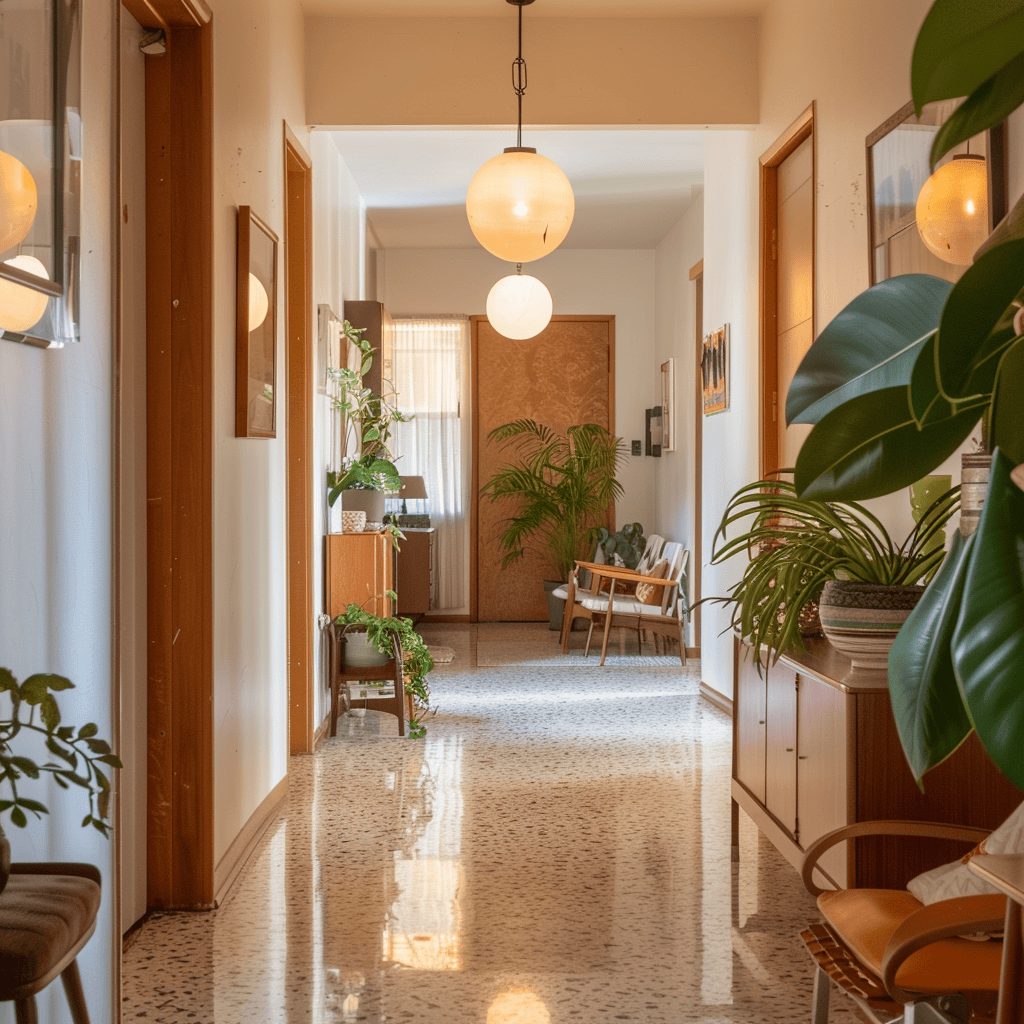 A mid-century modern hallway celebrating the innovative spirit of the mid-20th century, infused with personal touches, creating a space that feels both nostalgic and forward-looking3