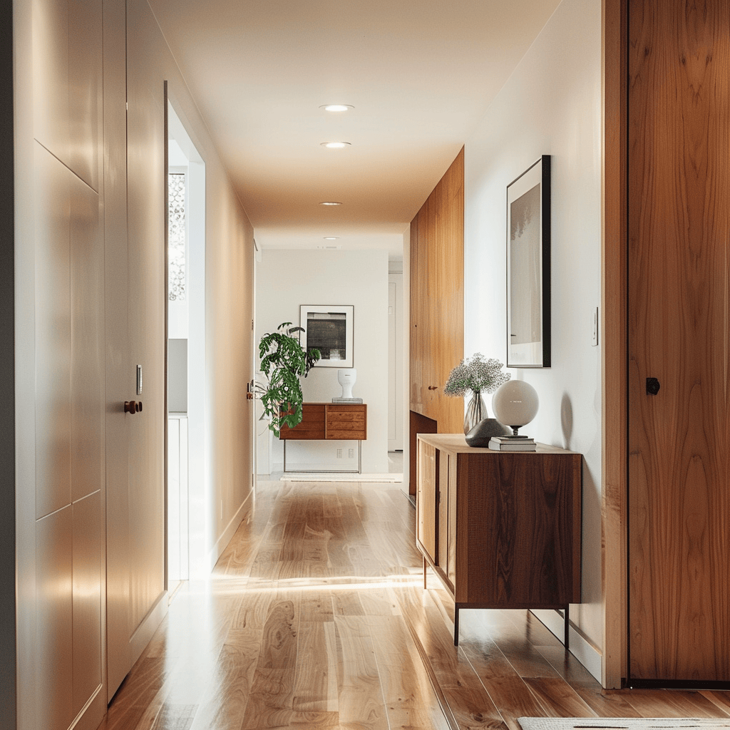 A mid-century modern hallway creating a sense of openness by maintaining a clear line of sight, minimizing visual obstructions, and using furniture with slender legs and translucent elements4