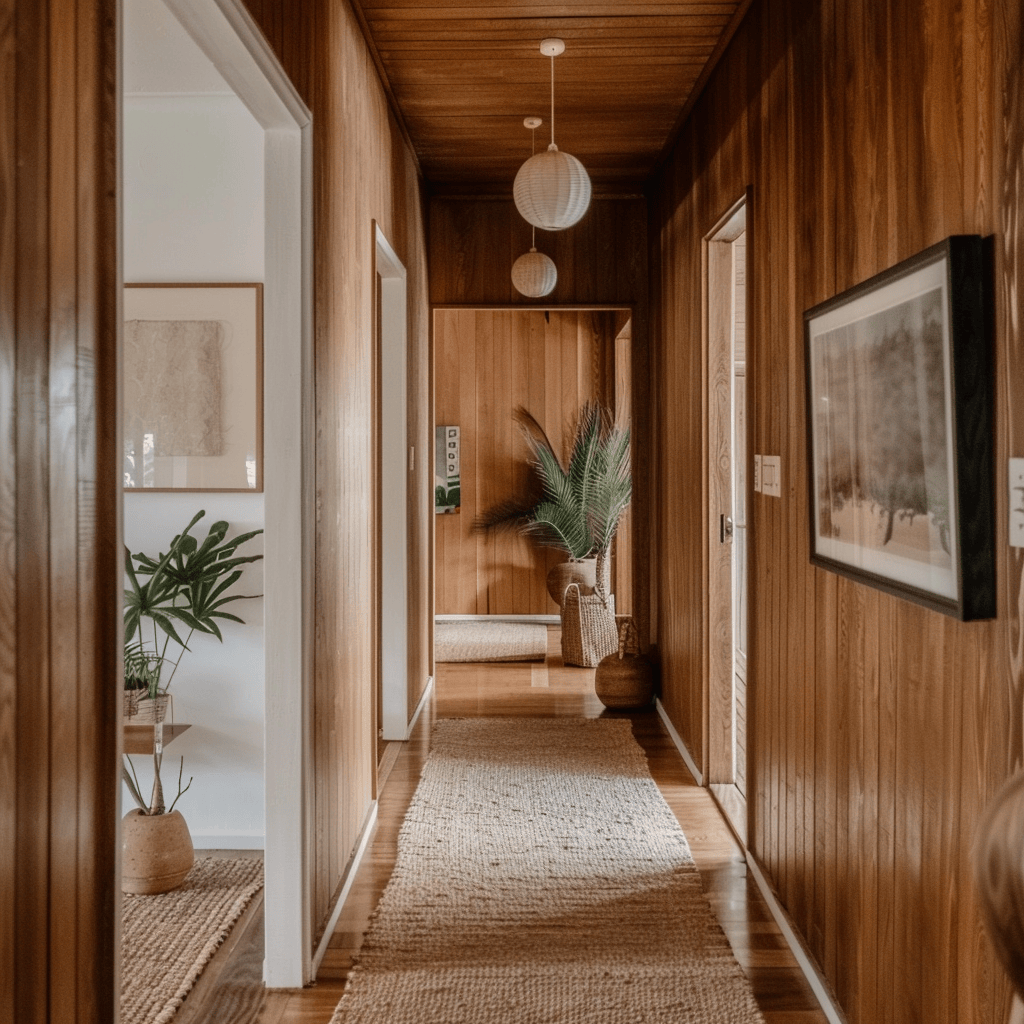 A mid-century modern hallway embodying the principles of Bauhaus and Scandinavian design, emphasizing simplicity, functionality, and the use of natural materials2