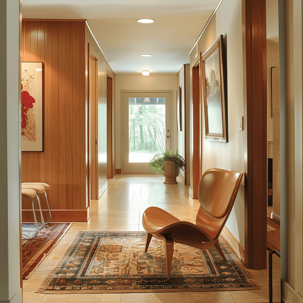 A mid-century modern hallway embodying the timeless qualities of simplicity, functionality, and craftsmanship, resonating with homeowners today just as much as in the mid-20th century3