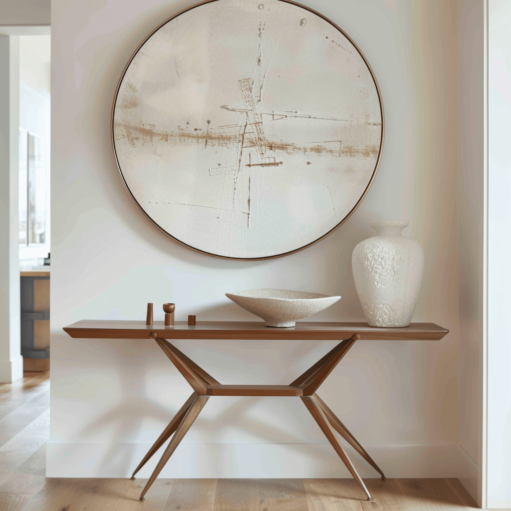 A mid-century modern hallway featuring a sleek console table with tapered legs, a large round mirror with a slim metallic frame, and abstract artwork adding character and personality2