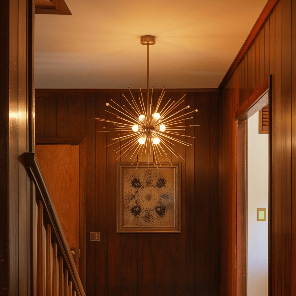 A mid-century modern hallway featuring a stunning Sputnik chandelier with a starburst silhouette, instantly evoking the spirit of the era2